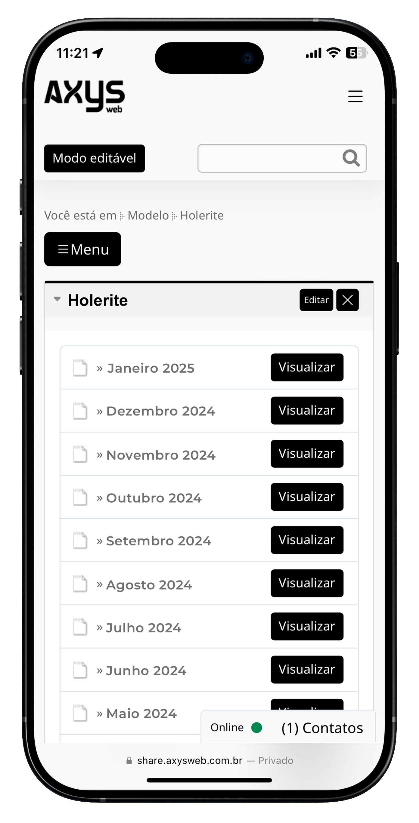 Maquete iPhone 16 exibindo tela do módulo Holerite da Intranet Corporaviva.