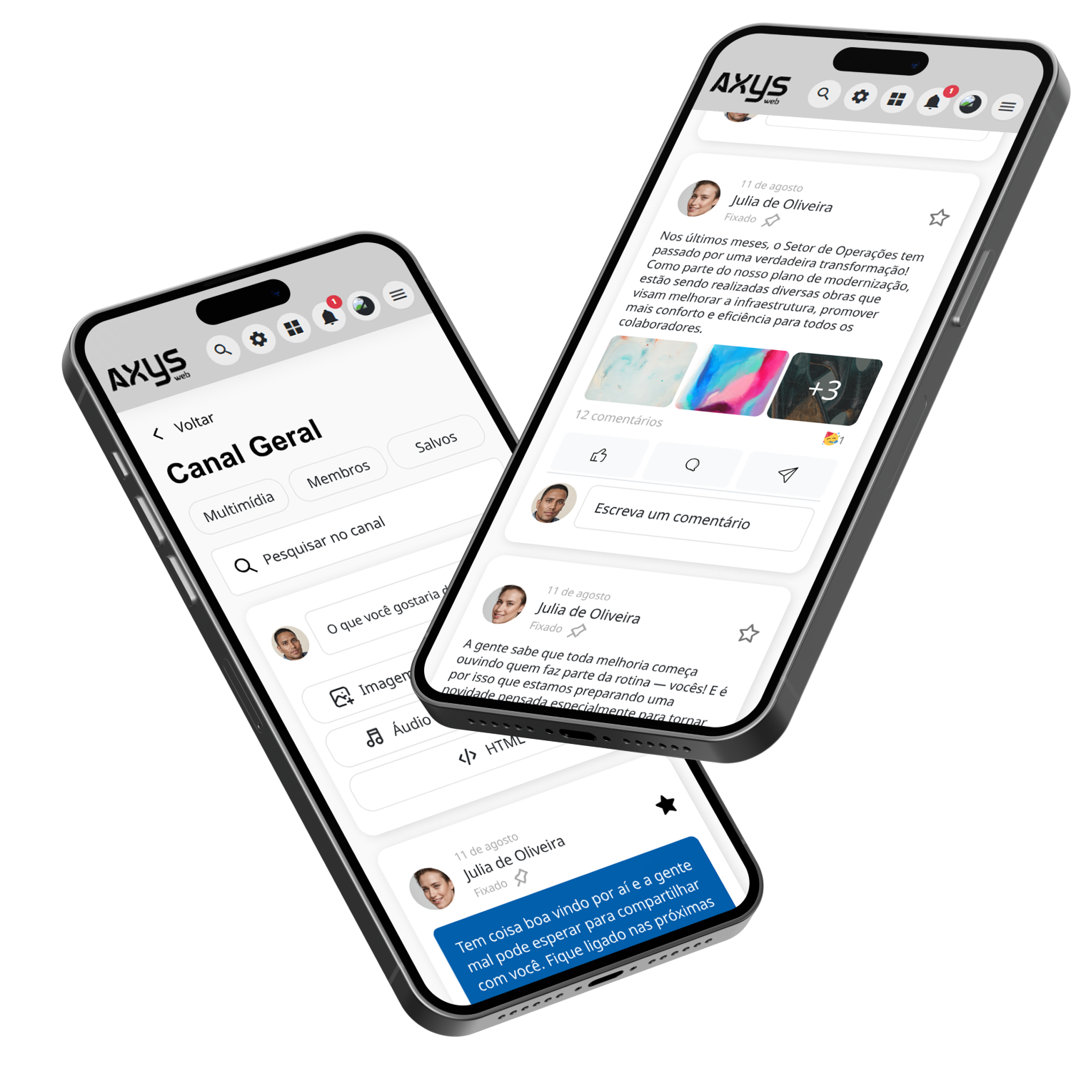 Mockuop de dois celulares com a funcionalidade da Timeline em tela