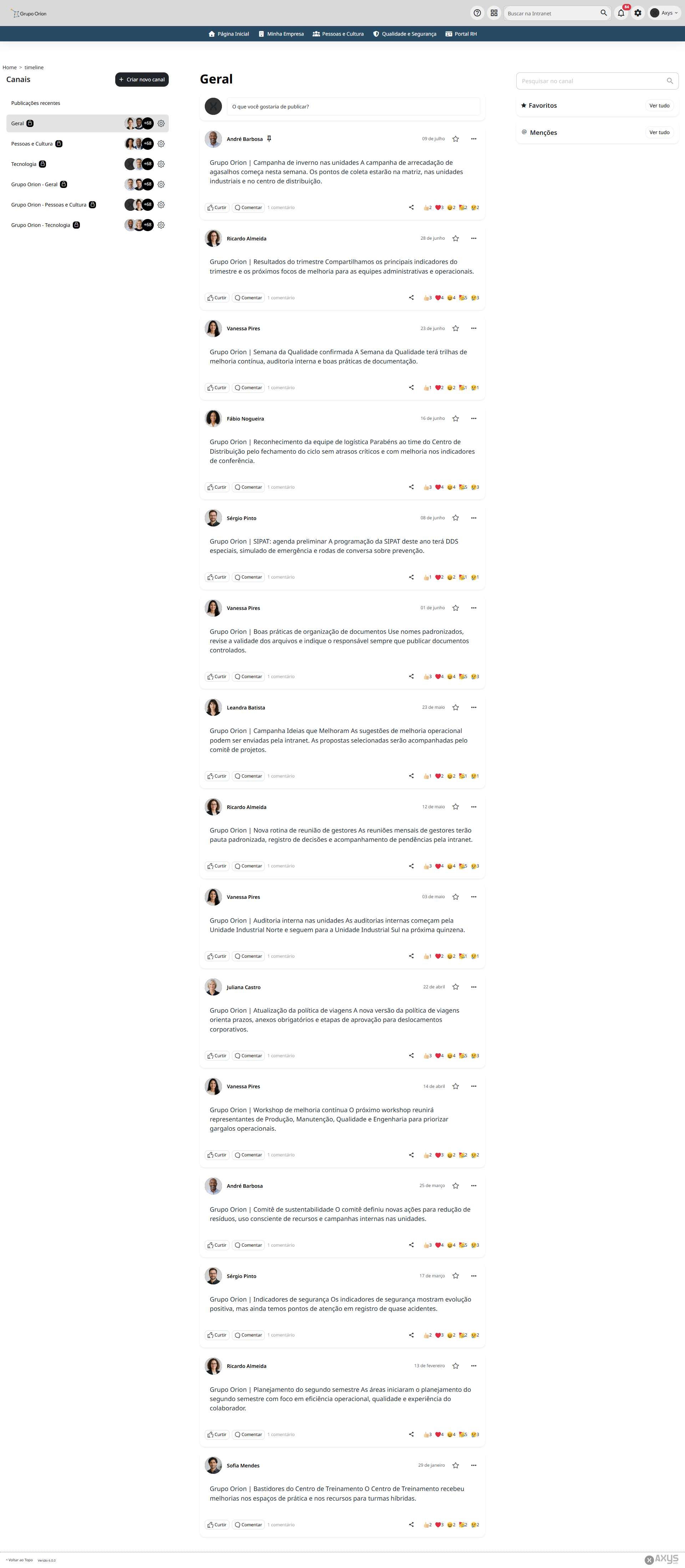 Tela do módulo Timeline exibindo o feed corporativo com canais e publicações.