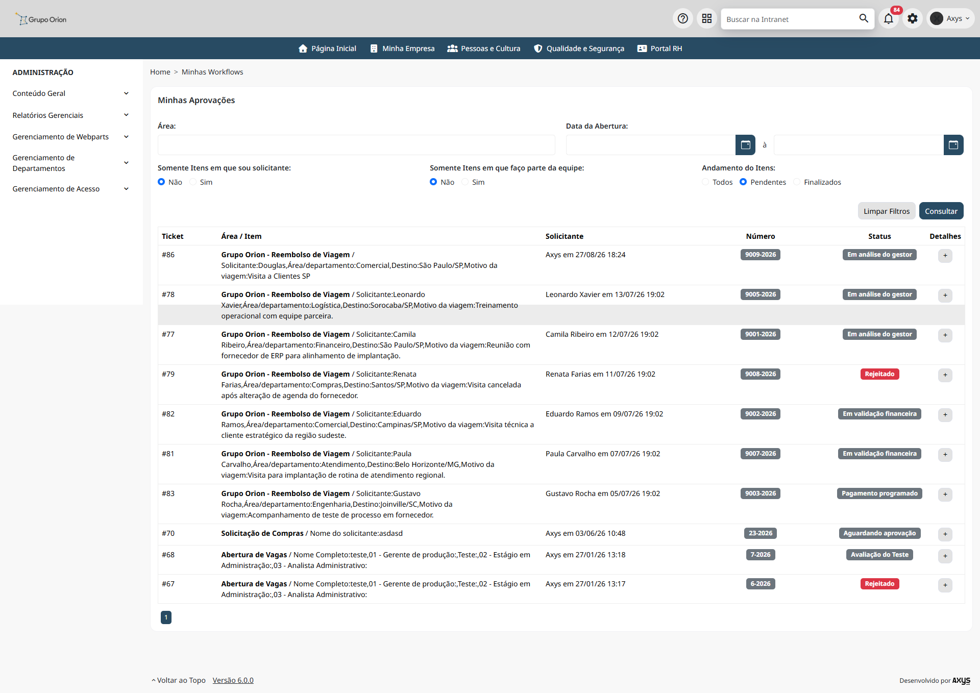 Tela do módulo Workflows exibindo a lista de aprovações pendentes do usuário.