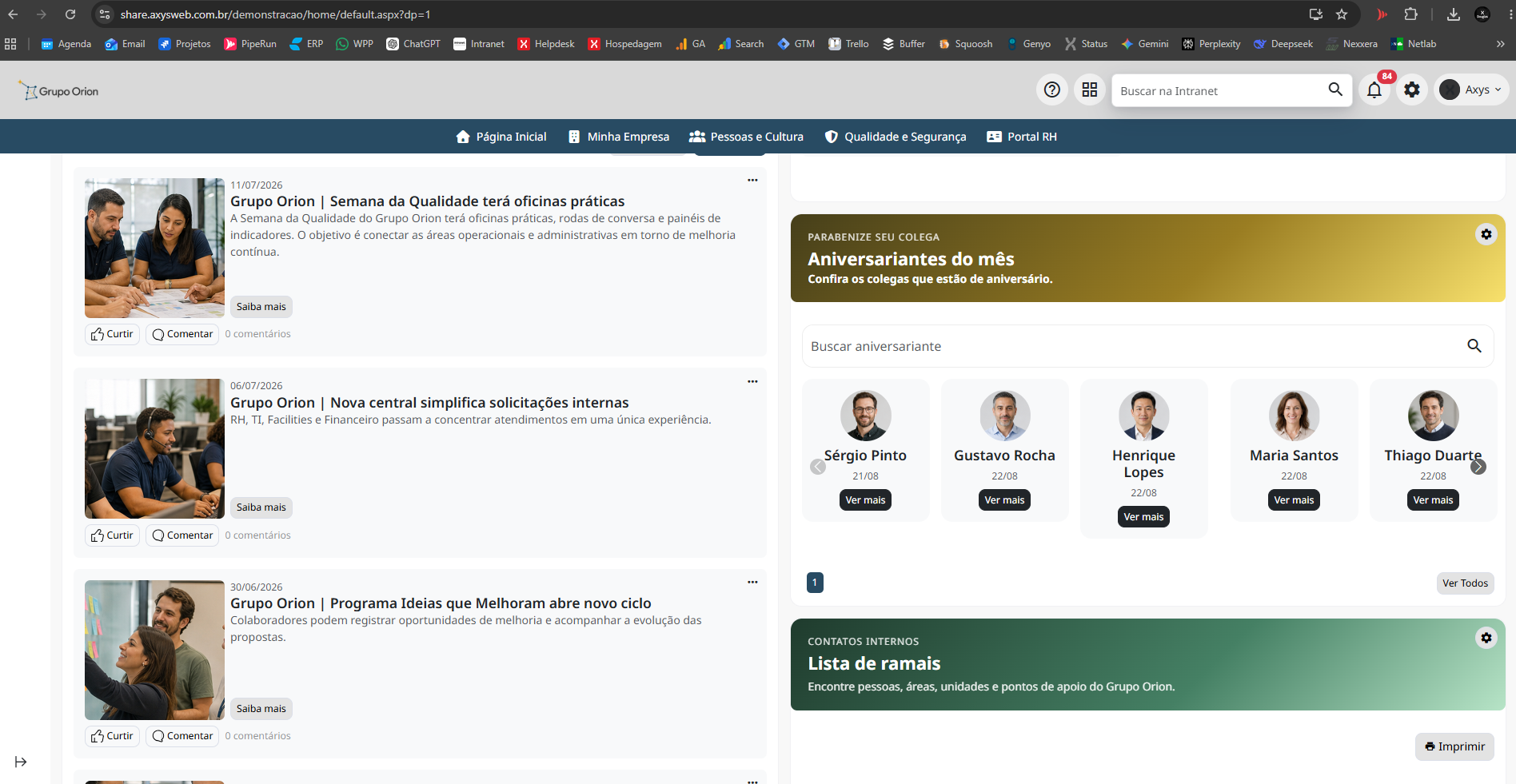 Aniversariantes do mês na página inicial - desktop na Plataforma de Intranet Corporativa