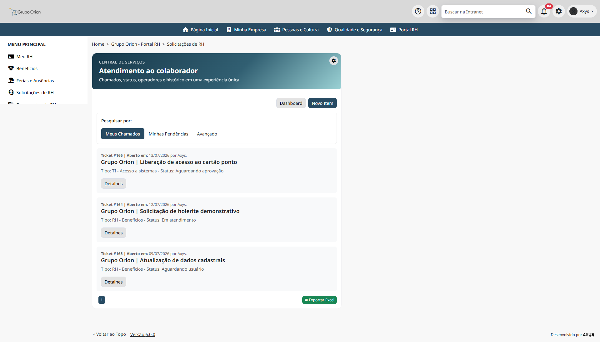 Central de Atendimento ao colaborador - desktop na Plataforma de Intranet Corporativa
