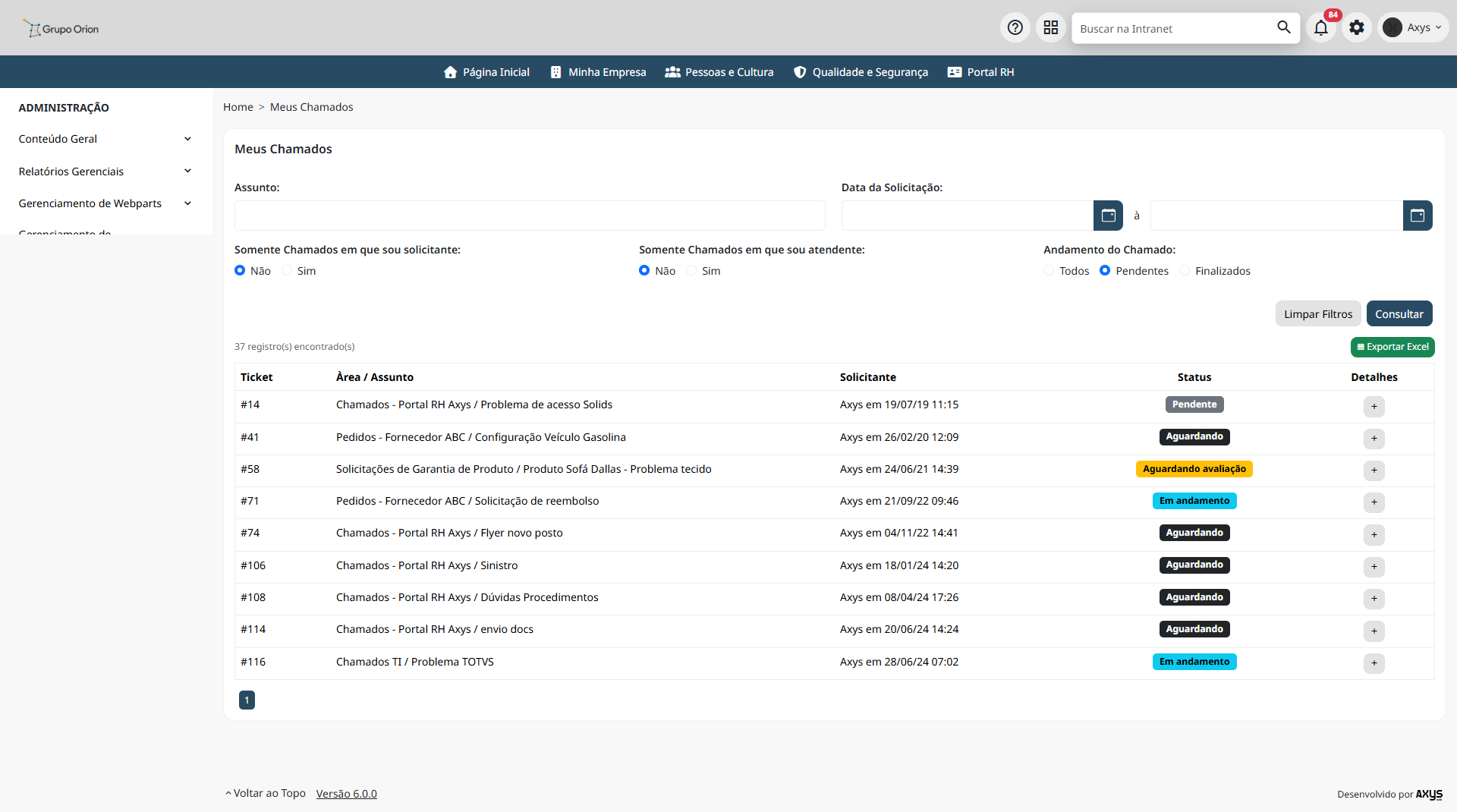 Meus Chamados - desktop na Plataforma de Intranet Corporativa