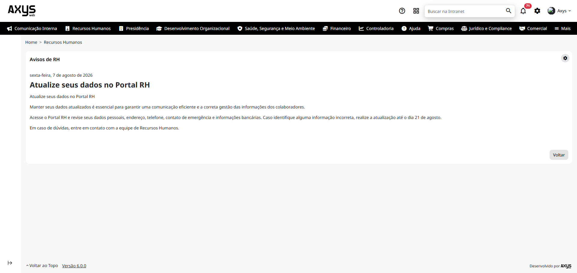 Detalhe de um aviso da Intranet Corporativa - desktop na Plataforma de Intranet Corporativa