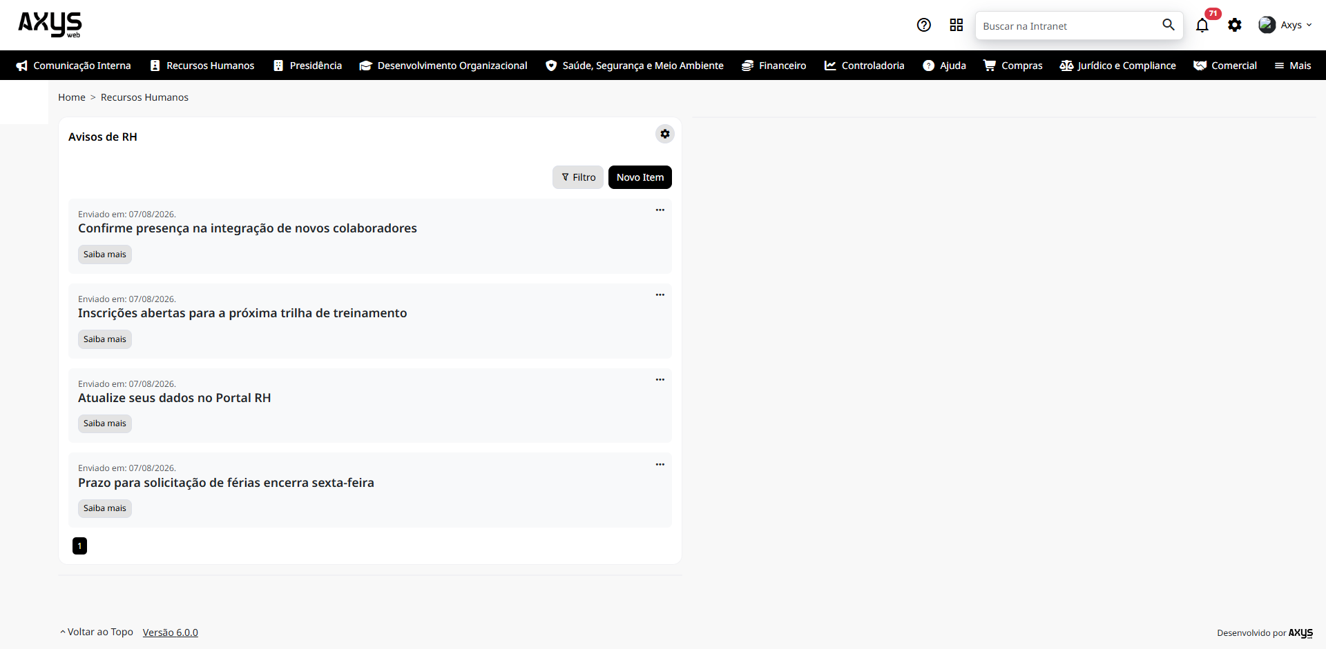 Avisos de RH na página do departamento - desktop na Plataforma de Intranet Corporativa