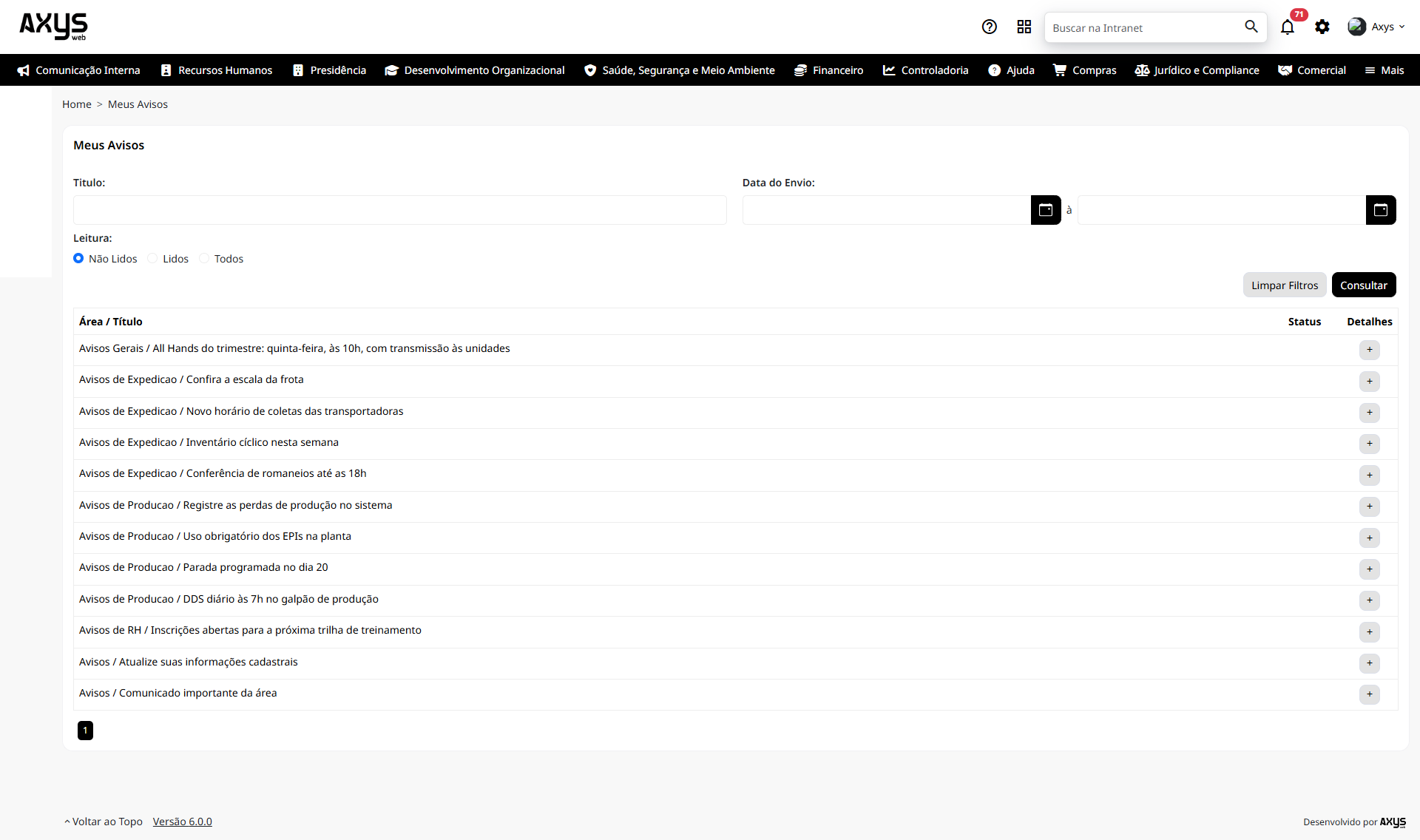 Meus Avisos com filtros e histórico - desktop na Plataforma de Intranet Corporativa