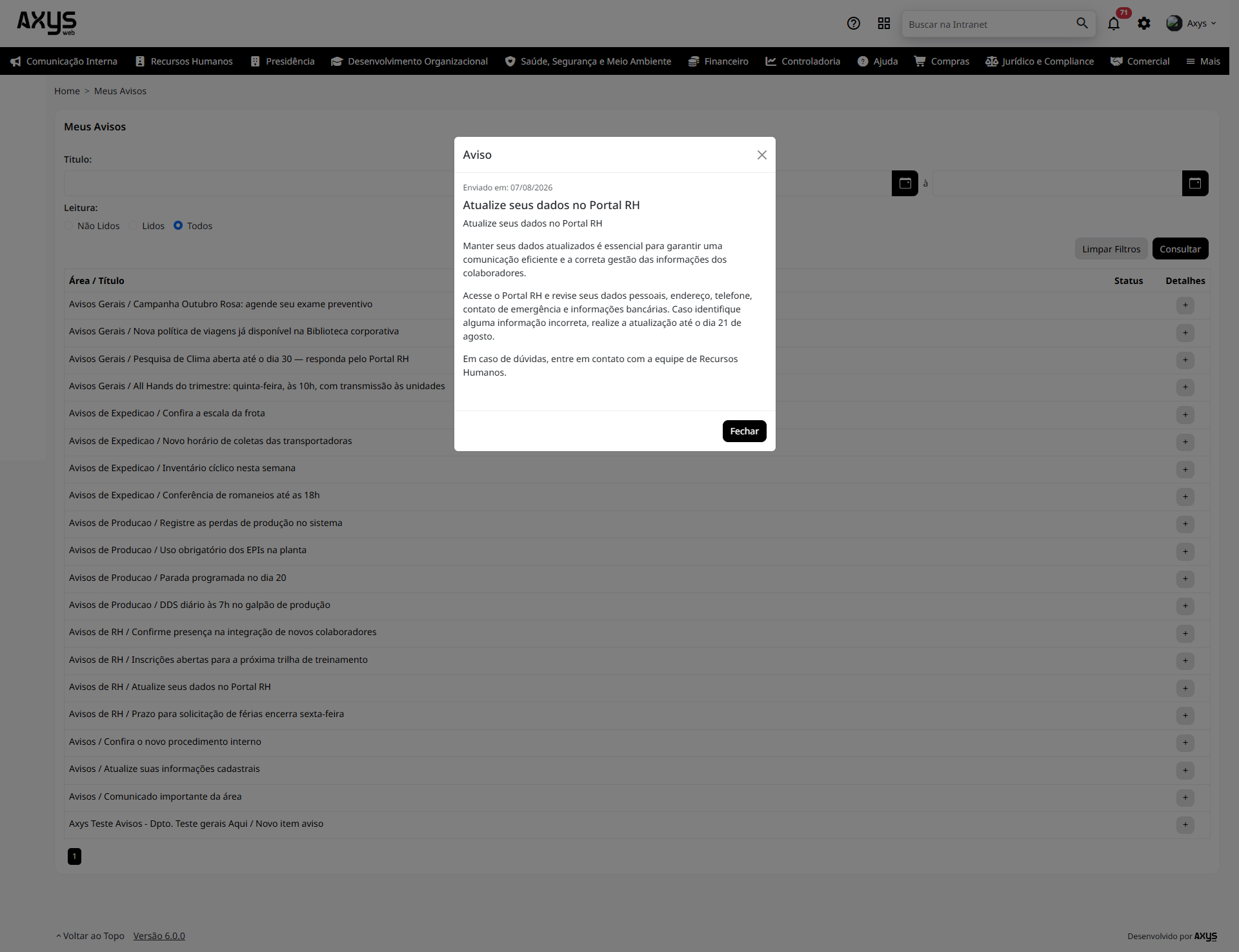 Aviso aberto em modal na listagem - desktop na Plataforma de Intranet Corporativa
