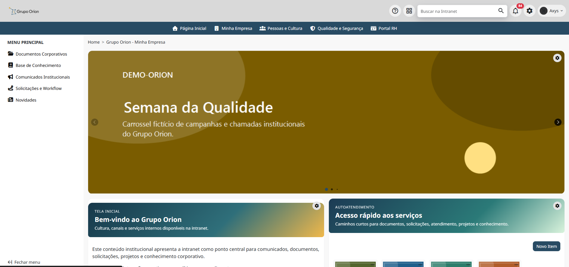 Carrossel de banners na página inicial - desktop na Plataforma de Intranet Corporativa