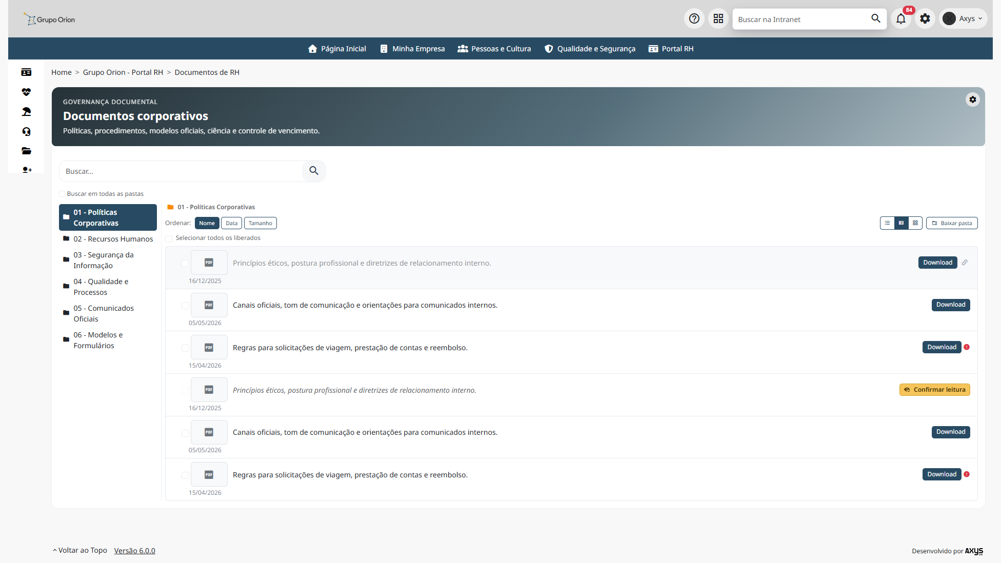 Documentos corporativos organizados por pasta - desktop na Plataforma de Intranet Corporativa