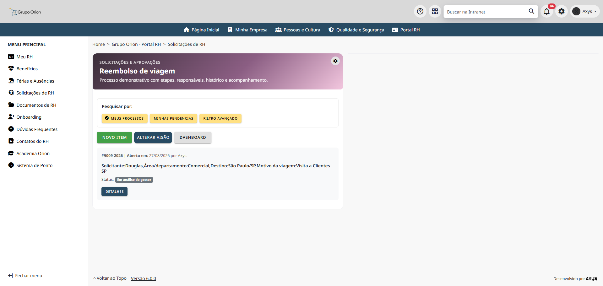 Lista de solicitações de workflow - desktop na Plataforma de Intranet Corporativa
