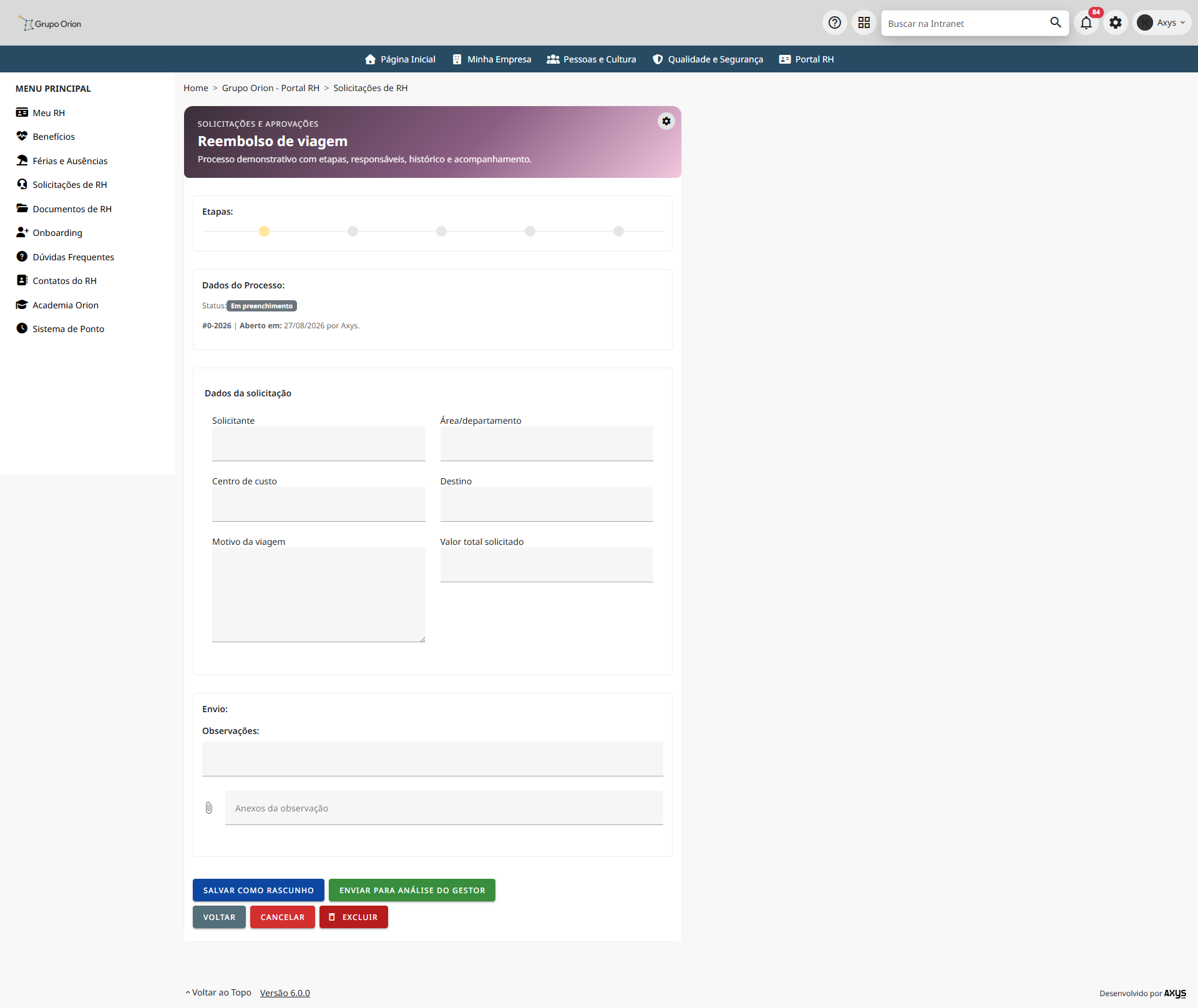 Preenchimento de solicitação de workflow - desktop na Plataforma de Intranet Corporativa