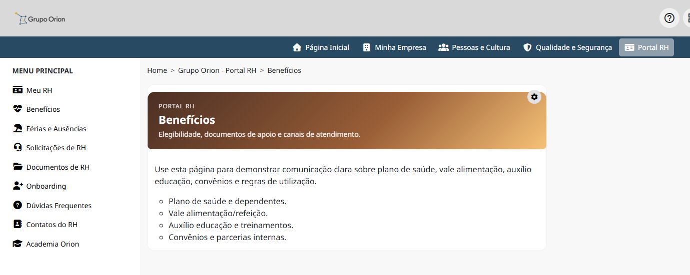 Página institucional de Benefícios - desktop na Plataforma de Intranet Corporativa
