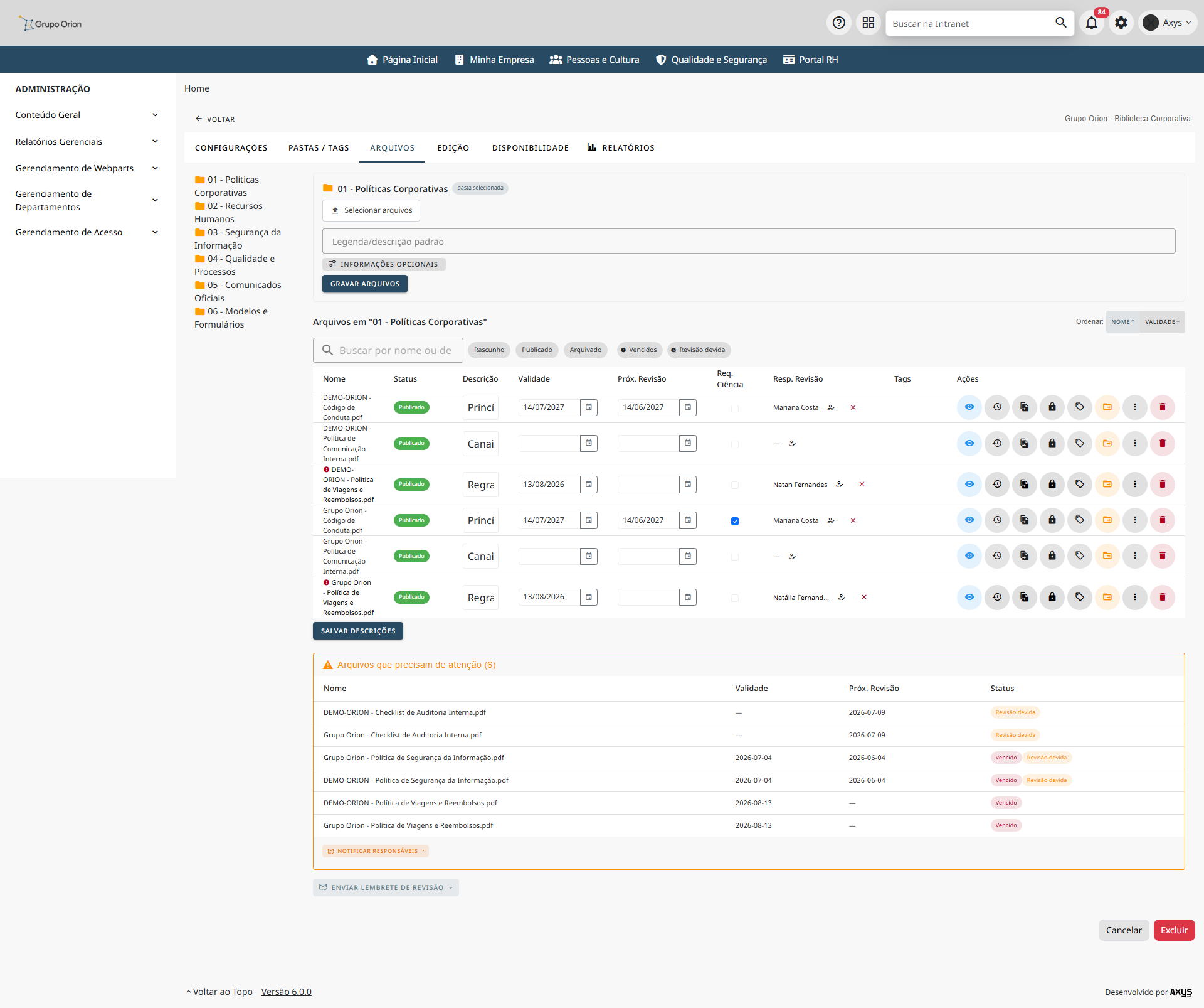 Administração de documentos e revisões - desktop na Plataforma de Intranet Corporativa