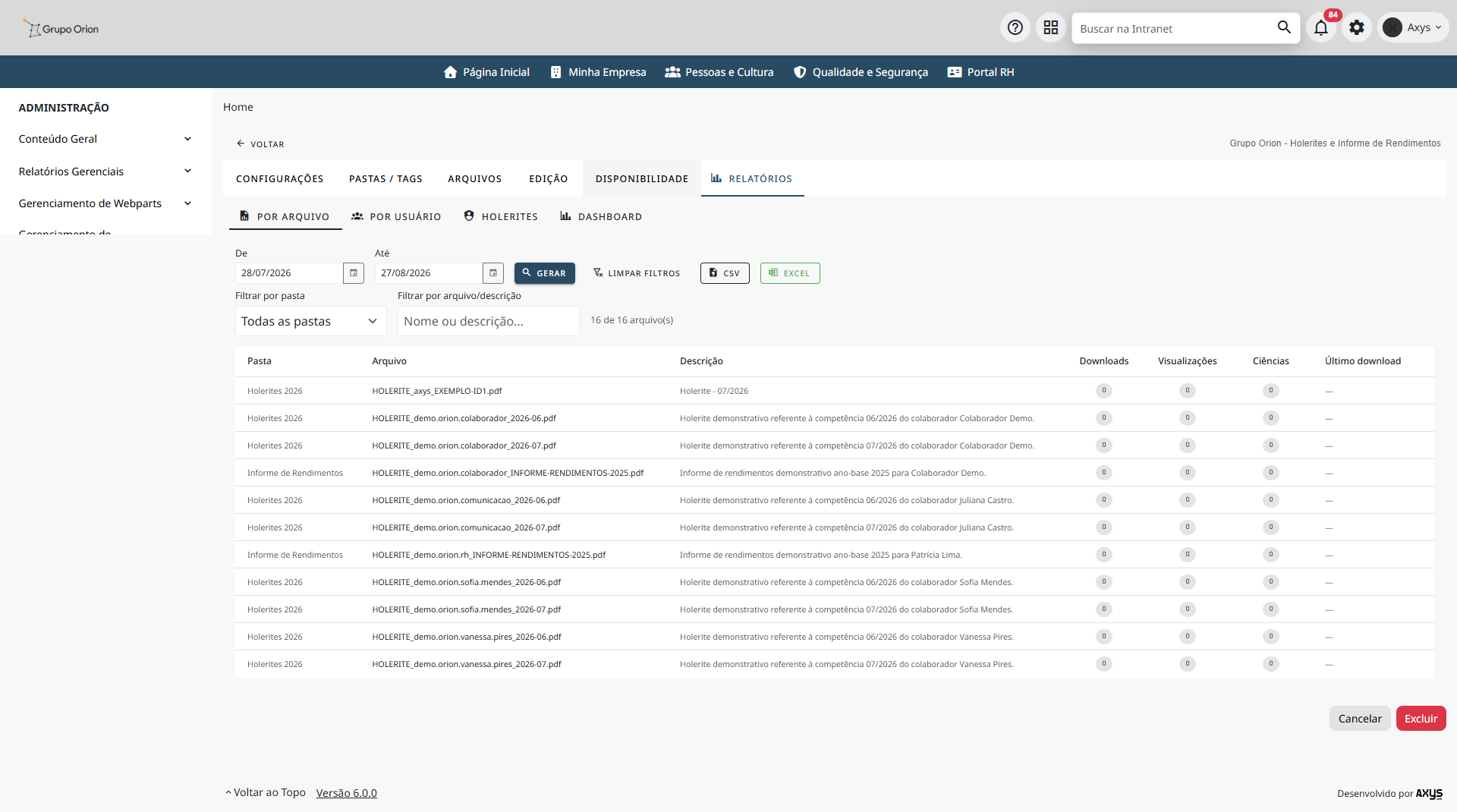 Relatório de arquivos por pasta - desktop na Plataforma de Intranet Corporativa
