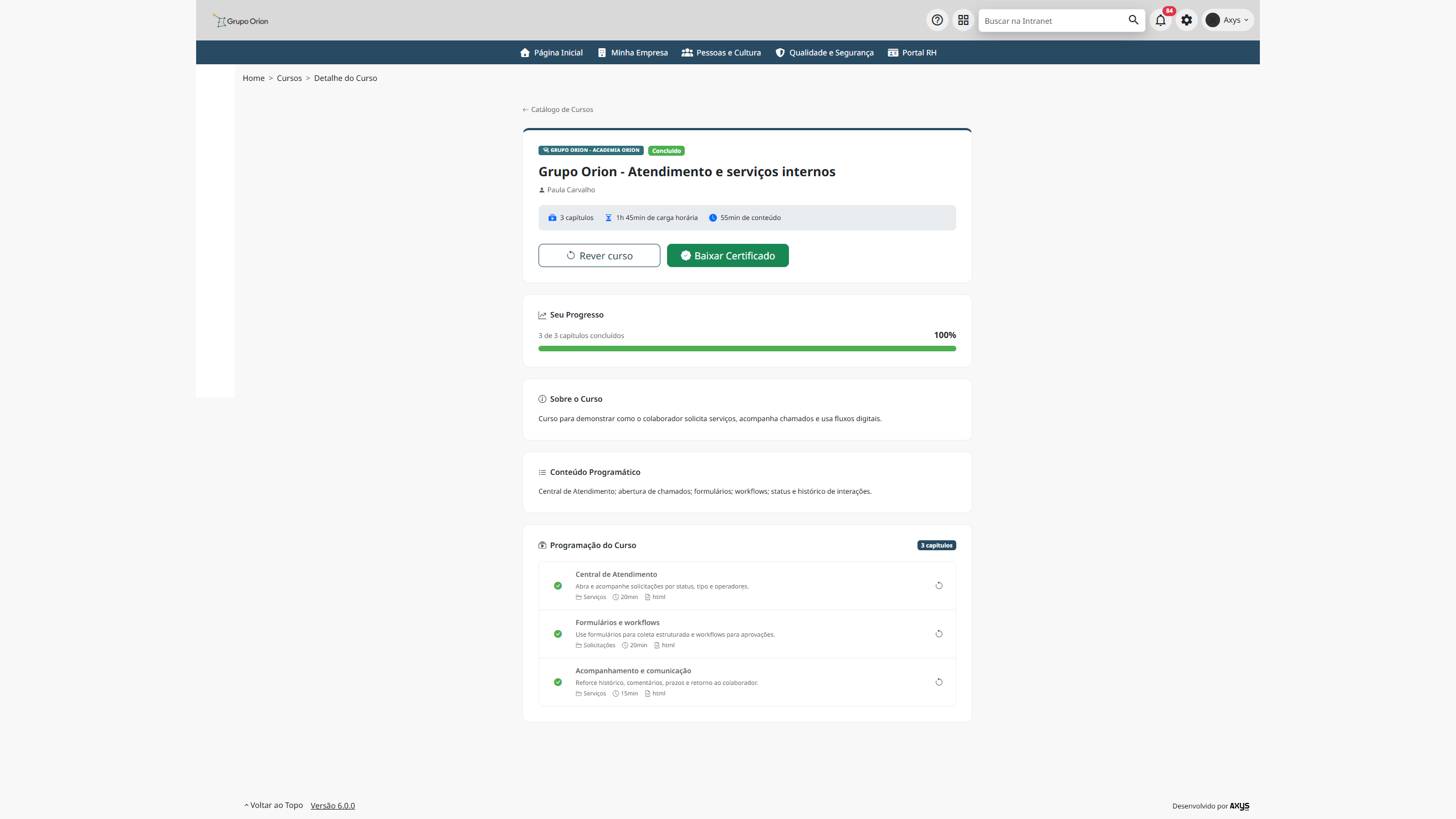 Curso concluído com certificado disponível - desktop na Plataforma de Intranet Corporativa