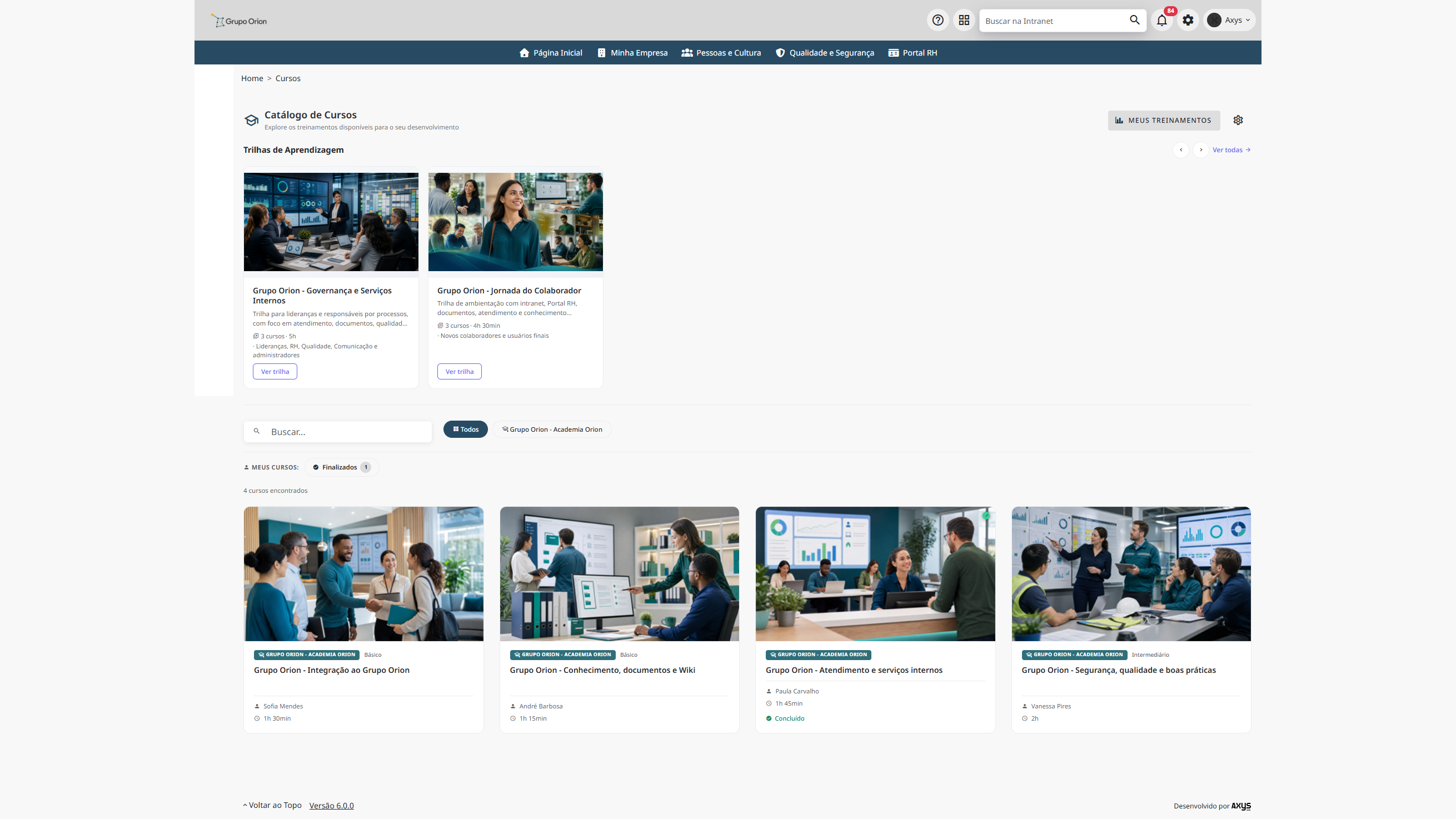 Catálogo de cursos e trilhas de aprendizagem - desktop na Plataforma de Intranet Corporativa