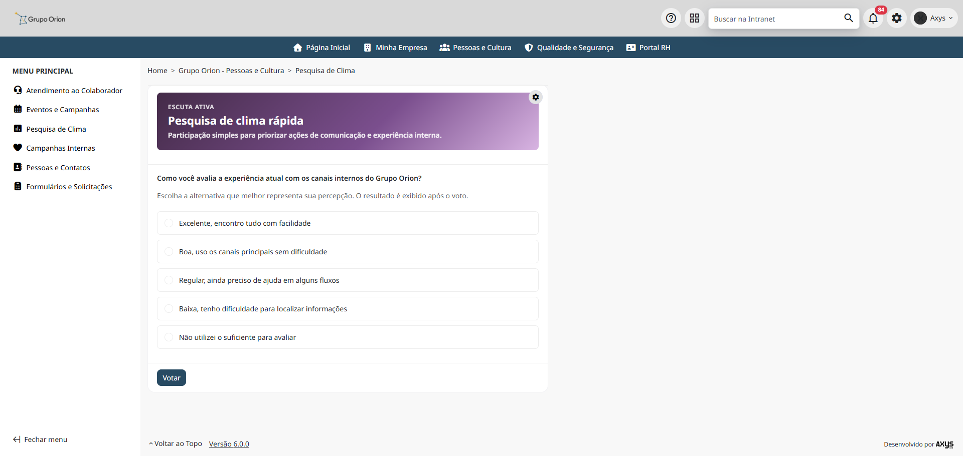 Formulário de votação de enquete da Intranet Corporativa - desktop na Plataforma de Intranet Corporativa