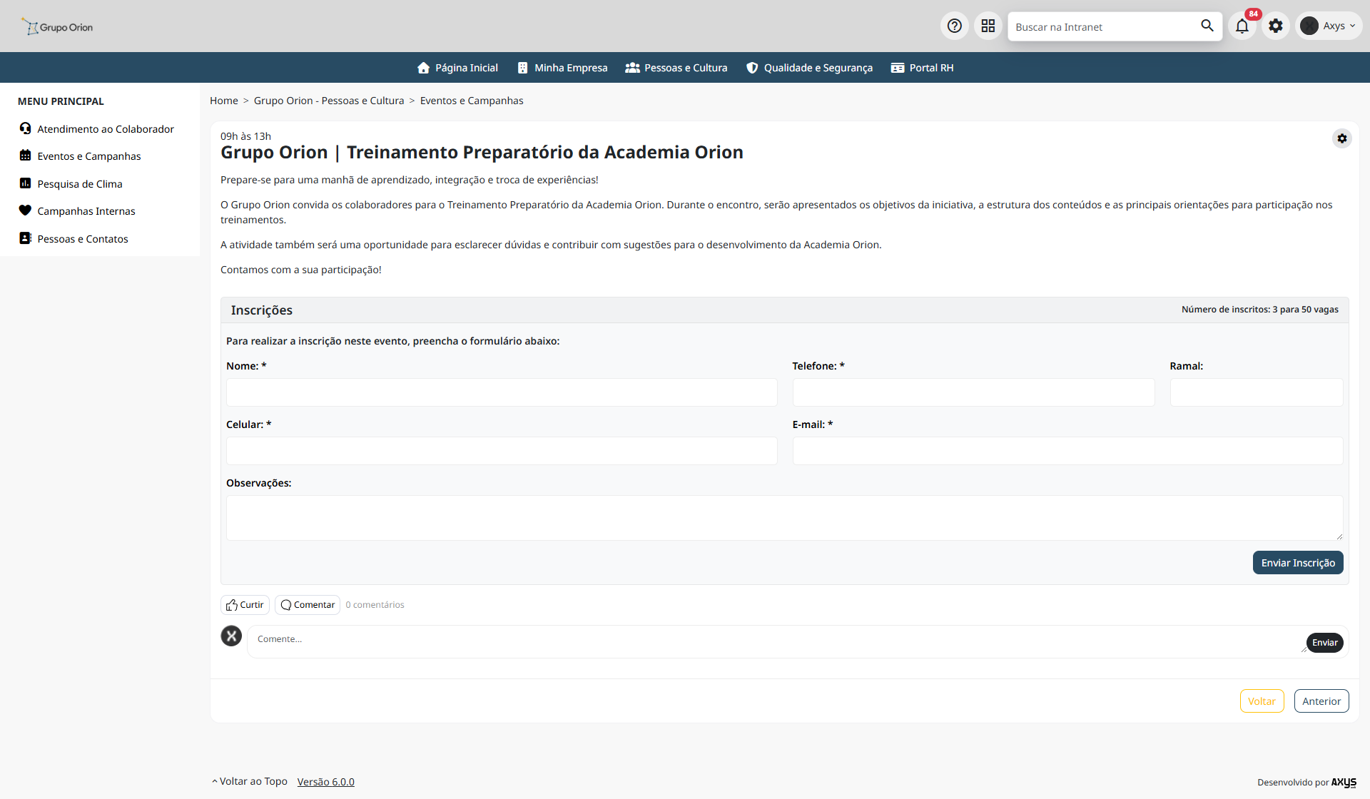 Detalhe de um evento da Intranet Corporativa - desktop na Plataforma de Intranet Corporativa