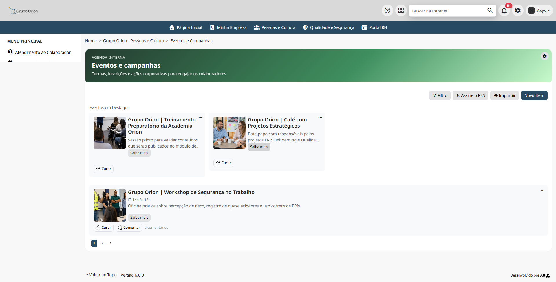 Eventos e campanhas na página do departamento - desktop na Plataforma de Intranet Corporativa