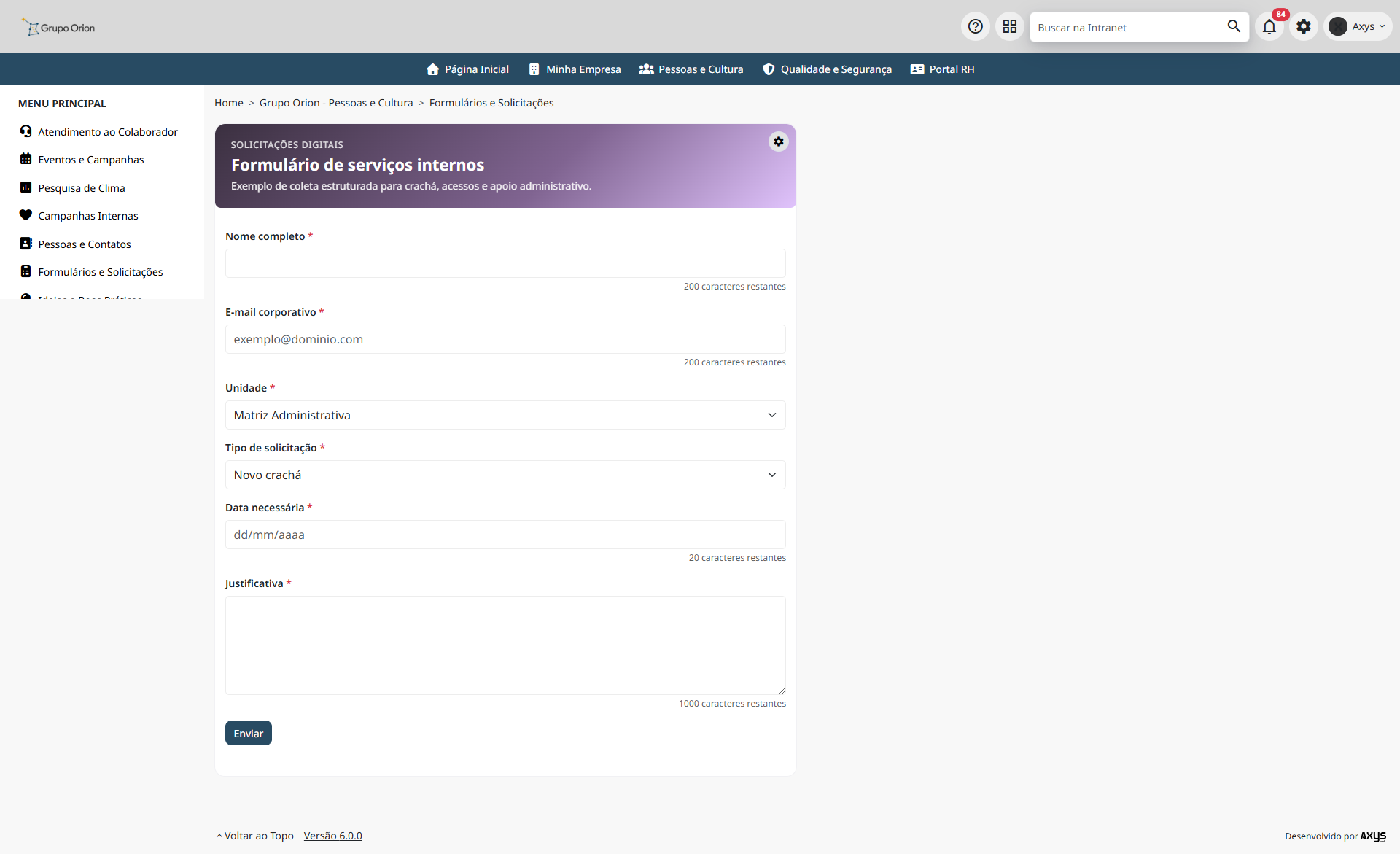 Formulário de serviços internos - desktop na Plataforma de Intranet Corporativa