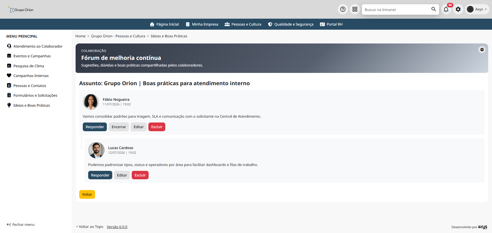 Tópico de fórum com respostas - desktop na Plataforma de Intranet Corporativa