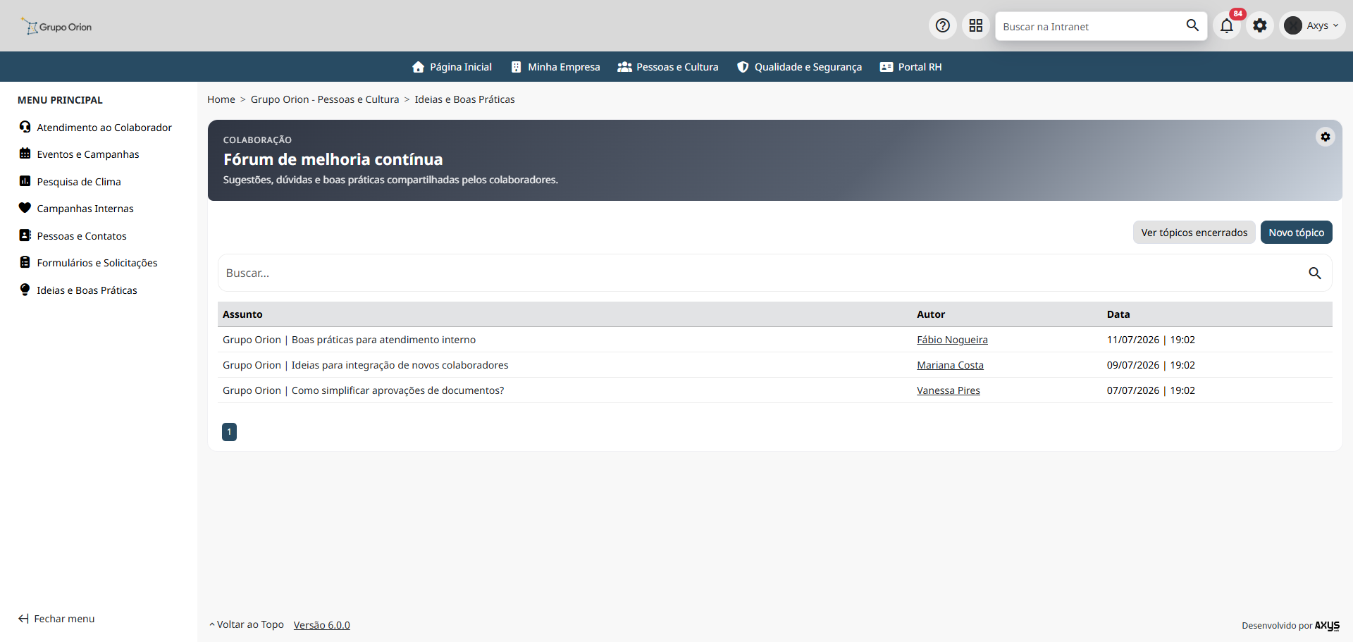 Listagem de tópicos do fórum - desktop na Plataforma de Intranet Corporativa