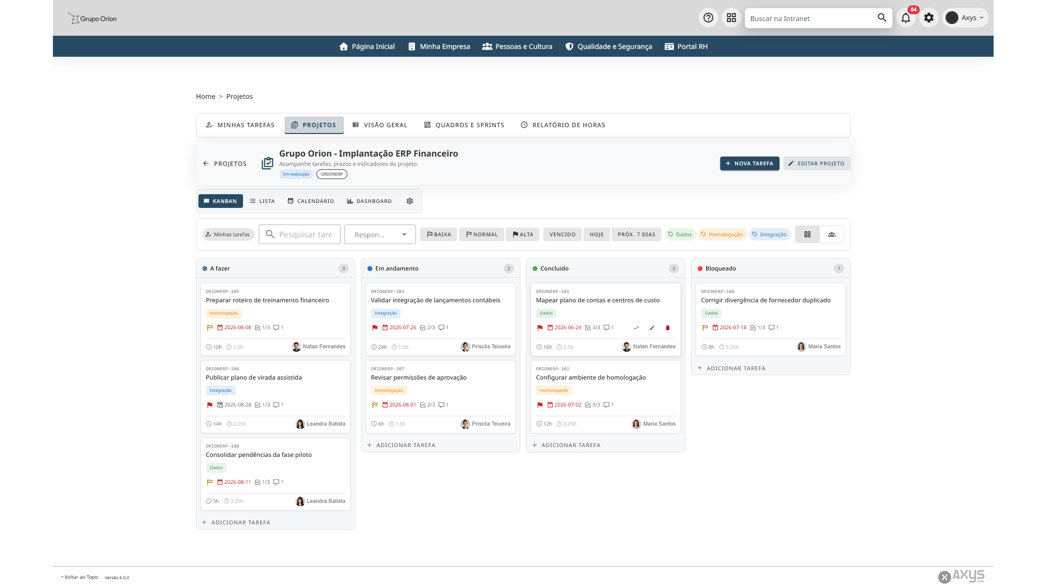 Quadro Kanban de um projeto - desktop na Plataforma de Intranet Corporativa