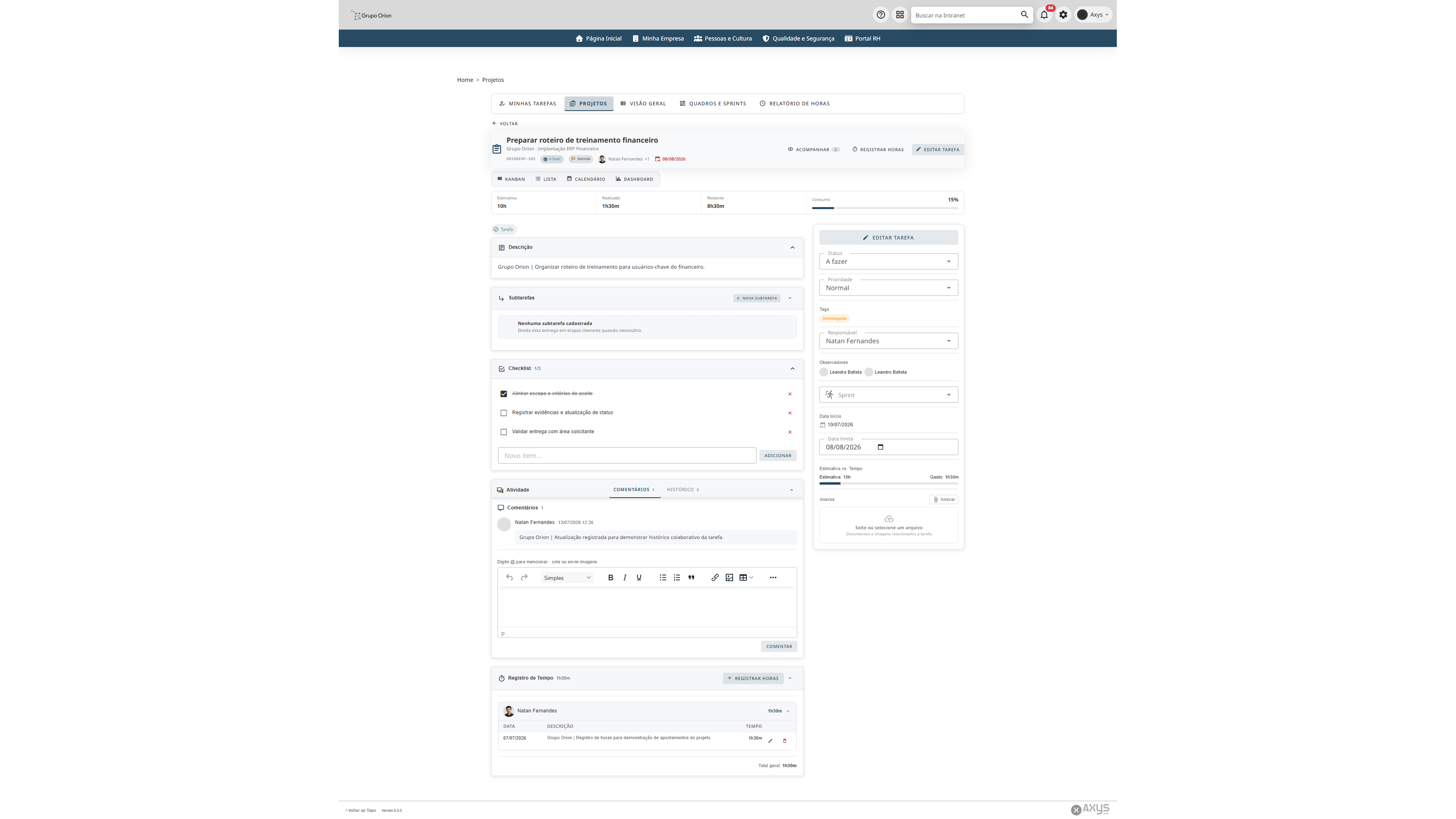Detalhe de uma tarefa - desktop na Plataforma de Intranet Corporativa