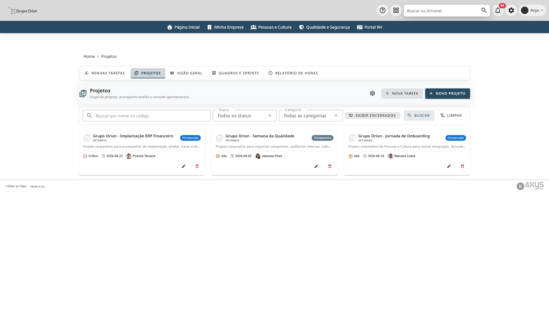 Lista de projetos - desktop na Plataforma de Intranet Corporativa