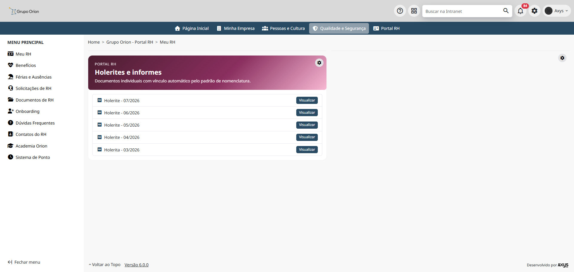 Holerites e informes no Portal RH - desktop na Plataforma de Intranet Corporativa