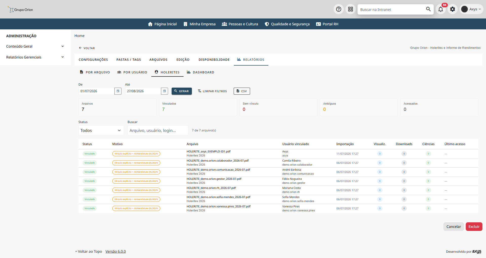 Relatório administrativo de holerites - desktop na Plataforma de Intranet Corporativa