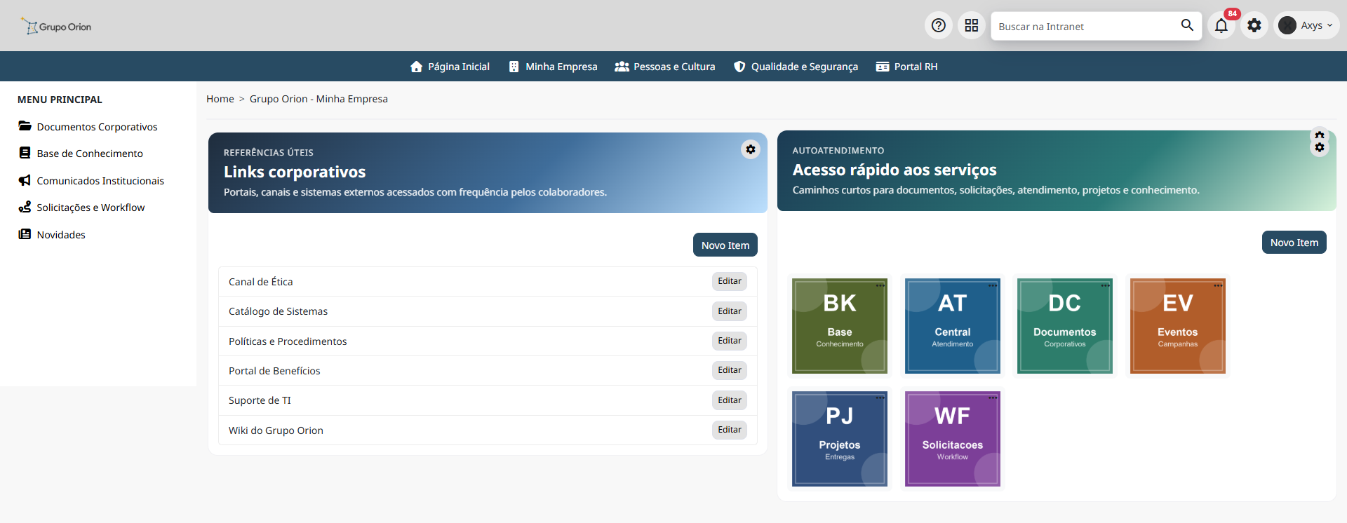 Links corporativos na página inicial - desktop na Plataforma de Intranet Corporativa
