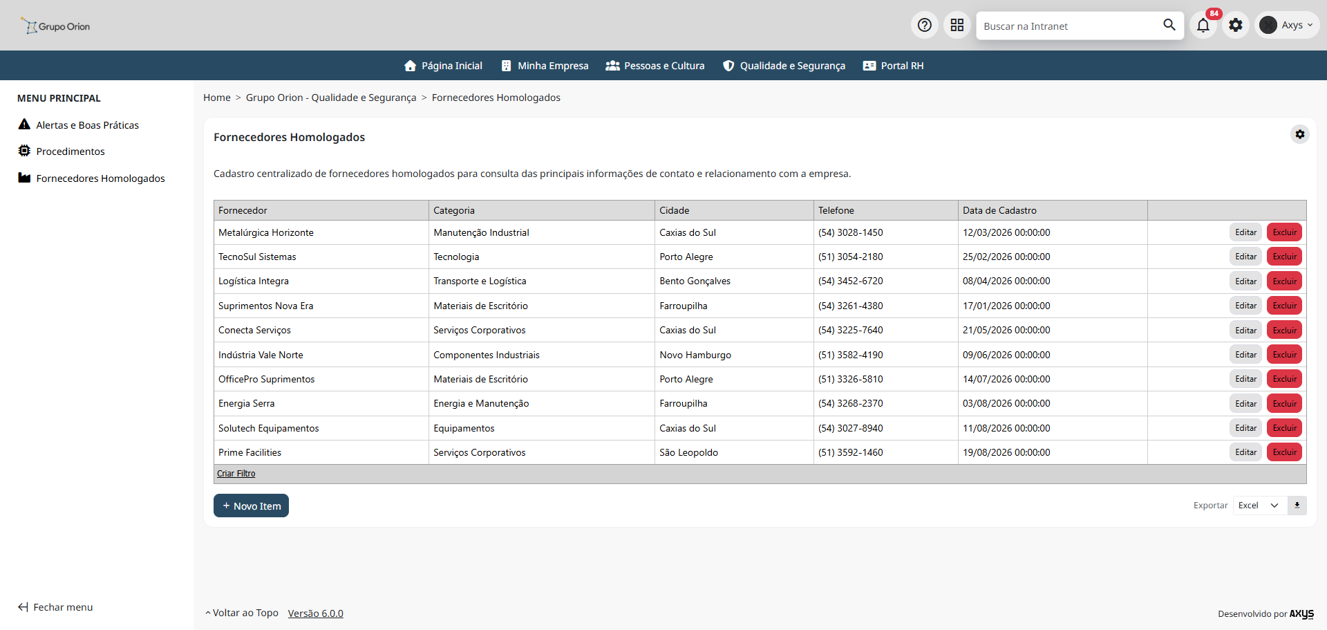 Lista de fornecedores homologados - desktop na Plataforma de Intranet Corporativa