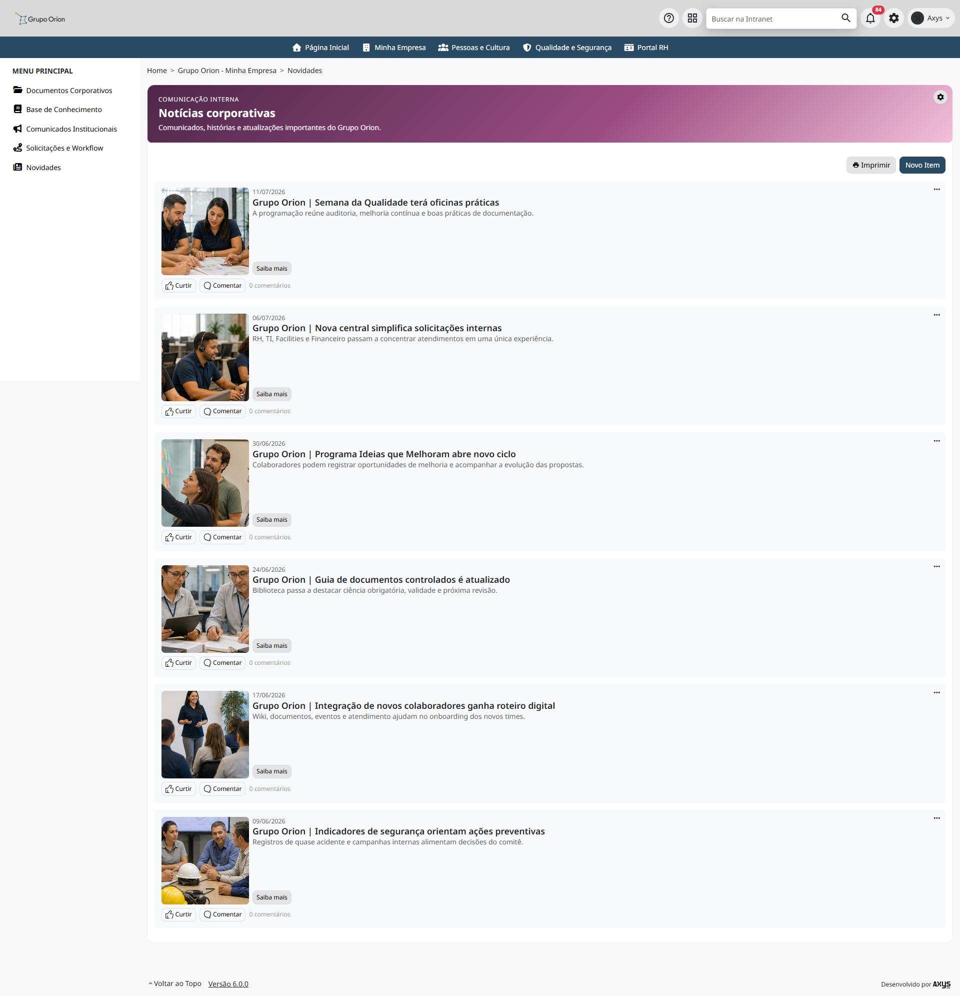 Notícias corporativas na página do departamento - desktop na Plataforma de Intranet Corporativa