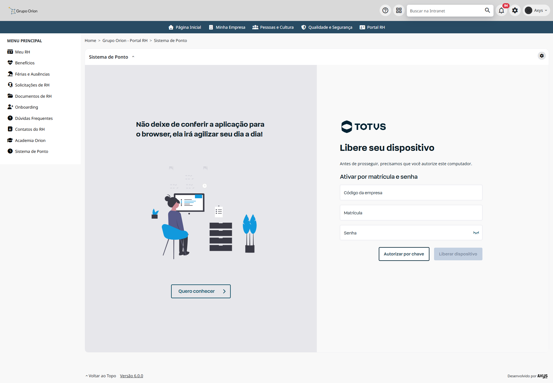 Sistema de Ponto acessado pela intranet - desktop na Plataforma de Intranet Corporativa