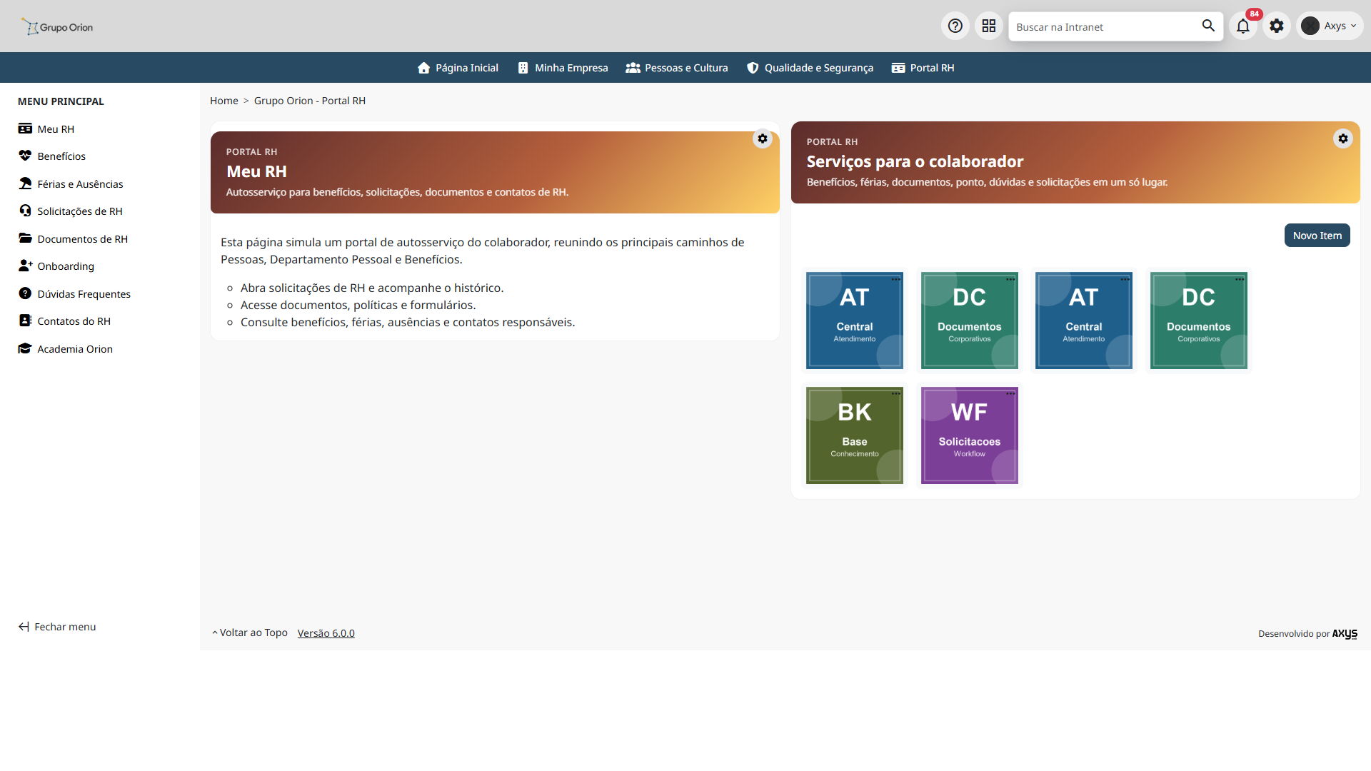 Portal RH de um departamento na Intranet Corporativa - desktop na Plataforma de Intranet Corporativa