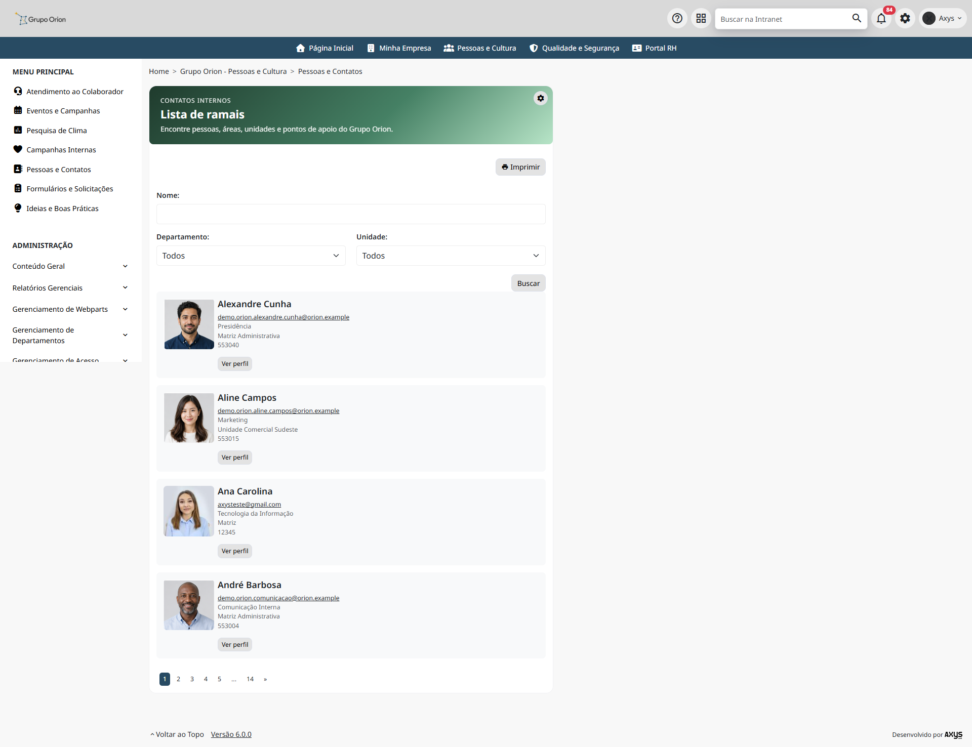 Lista de ramais da Intranet Corporativa - desktop na Plataforma de Intranet Corporativa