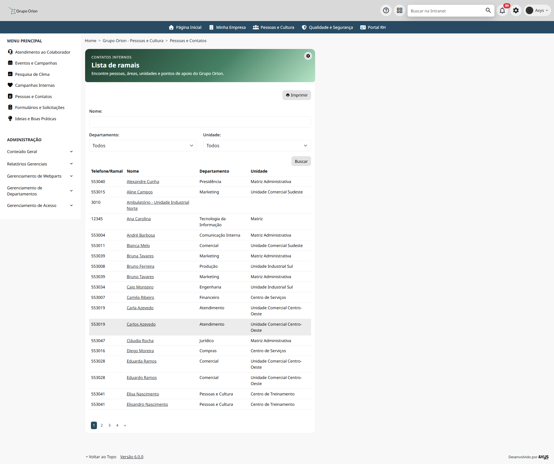 Lista de ramais em formato de tabela - desktop na Plataforma de Intranet Corporativa