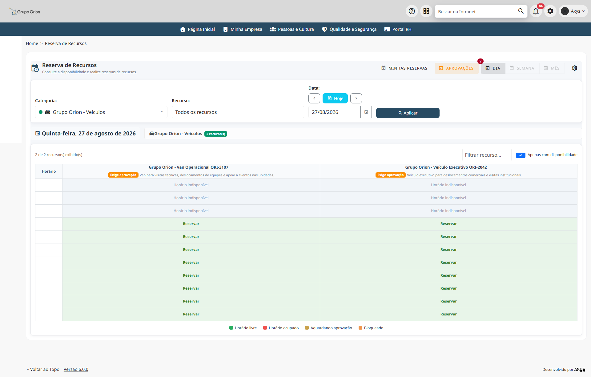 Calendário do dia com múltiplos recursos - desktop na Plataforma de Intranet Corporativa