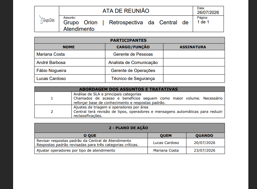 Ata de reunião exportada - desktop na Plataforma de Intranet Corporativa