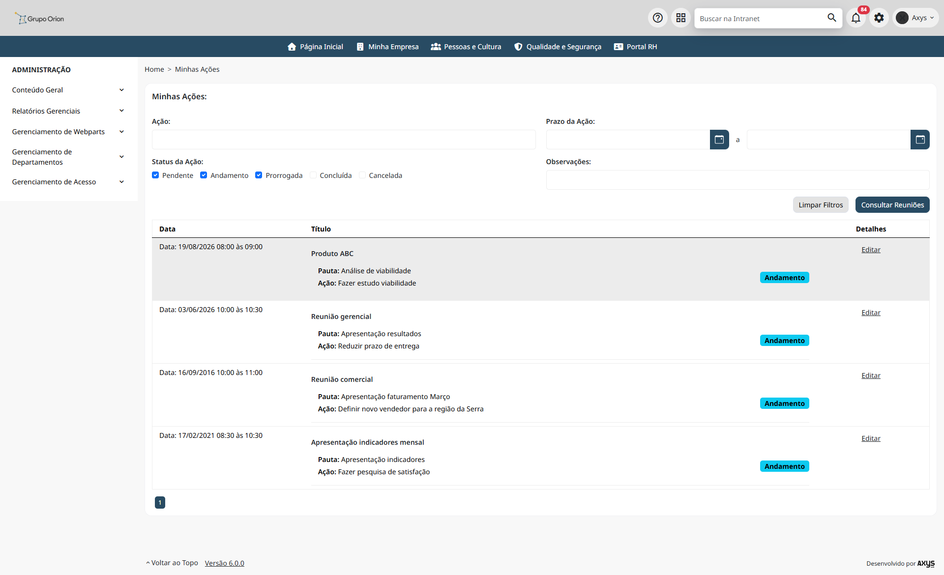 Minhas ações de reunião - desktop na Plataforma de Intranet Corporativa