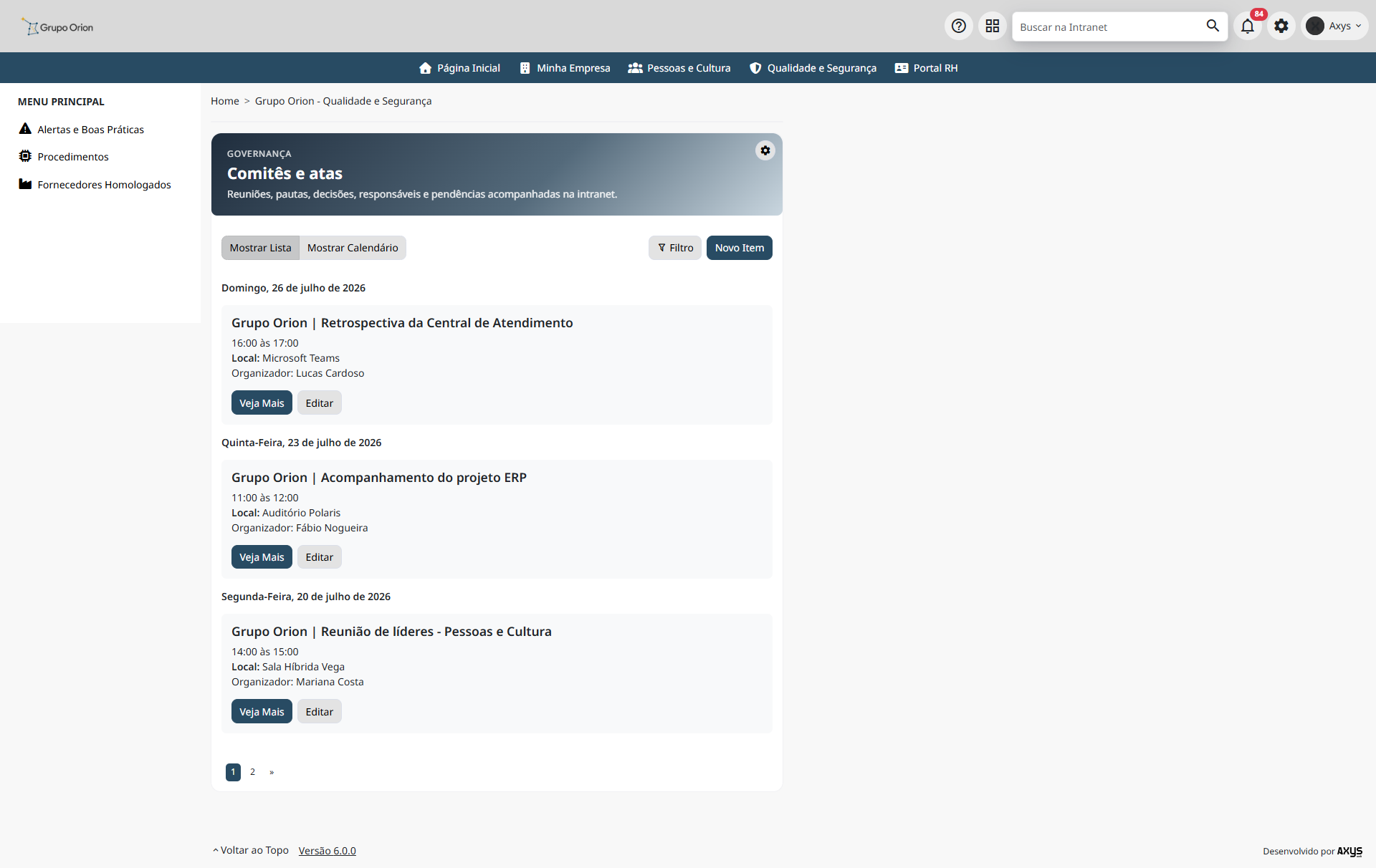 Lista de comitês e atas - desktop na Plataforma de Intranet Corporativa