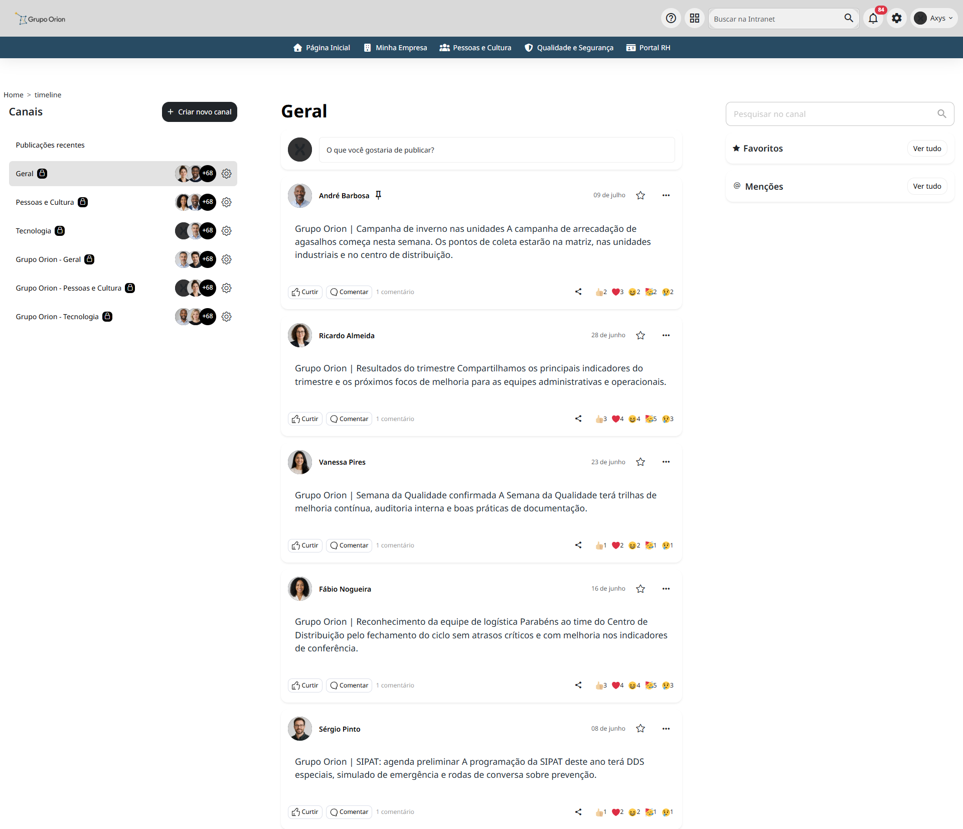 Timeline da Intranet Corporativa com publicações recentes - desktop na Plataforma de Intranet Corporativa