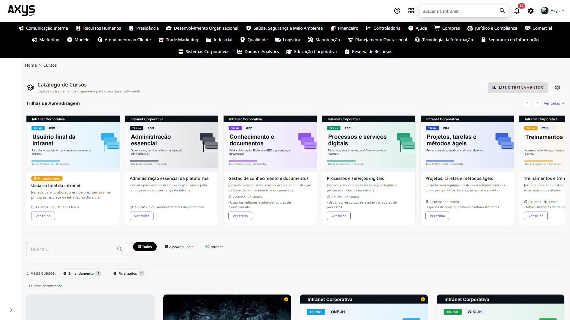 Catálogo de treinamentos da Intranet Corporativa - desktop na Plataforma de Intranet Corporativa