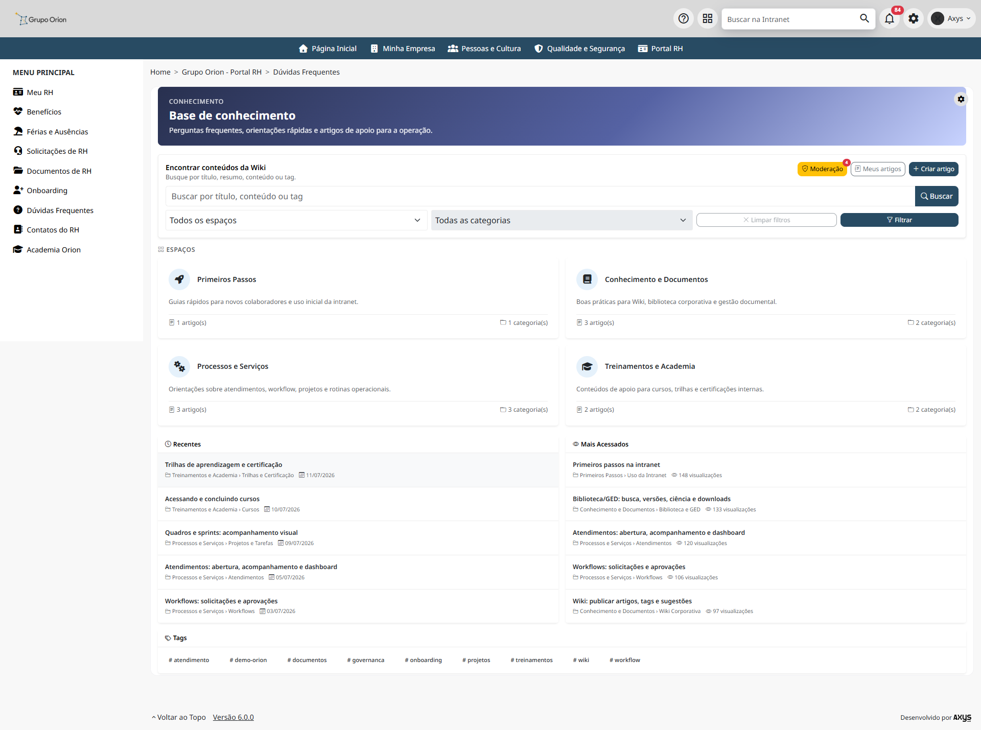 Base de conhecimento da Wiki - desktop na Plataforma de Intranet Corporativa