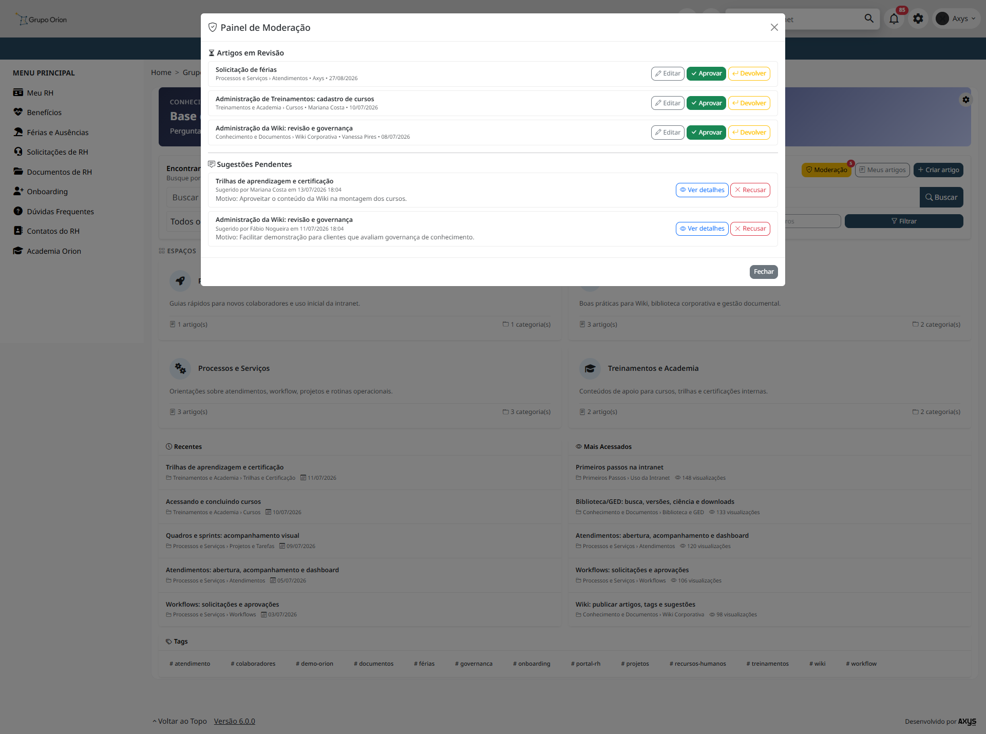 Painel de moderação da Wiki - desktop na Plataforma de Intranet Corporativa